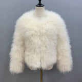 GETADME Real Ostrich Fur Feather Coat Short Jacket Furry Fluffy Party Long Sleeve Winter Women Coat Outerwear Plus Size Puffy Turkey Fur