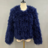 GETADME Real Ostrich Fur Feather Coat Short Jacket Furry Fluffy Party Long Sleeve Winter Women Coat Outerwear Plus Size Puffy Turkey Fur