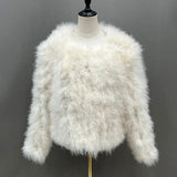 GETADME Real Ostrich Fur Feather Coat Short Jacket Furry Fluffy Party Long Sleeve Winter Women Coat Outerwear Plus Size Puffy Turkey Fur