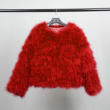 GETADME Real Ostrich Fur Feather Coat Short Jacket Furry Fluffy Party Long Sleeve Winter Women Coat Outerwear Plus Size Puffy Turkey Fur