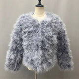 GETADME Real Ostrich Fur Feather Coat Short Jacket Furry Fluffy Party Long Sleeve Winter Women Coat Outerwear Plus Size Puffy Turkey Fur