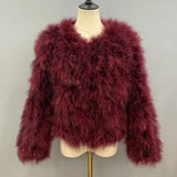 GETADME Real Ostrich Fur Feather Coat Short Jacket Furry Fluffy Party Long Sleeve Winter Women Coat Outerwear Plus Size Puffy Turkey Fur