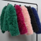 GETADME Real Ostrich Fur Feather Coat Short Jacket Furry Fluffy Party Long Sleeve Winter Women Coat Outerwear Plus Size Puffy Turkey Fur