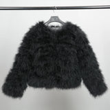 GETADME Real Ostrich Fur Feather Coat Short Jacket Furry Fluffy Party Long Sleeve Winter Women Coat Outerwear Plus Size Puffy Turkey Fur