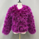GETADME Real Ostrich Fur Feather Coat Short Jacket Furry Fluffy Party Long Sleeve Winter Women Coat Outerwear Plus Size Puffy Turkey Fur