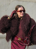 GETADME Retro Burgundy Tassels  Faux Fur Long Sleeves Short Coat Elegant Loose Turn-down Collar Jacket 2025 New Woman High Street Coats
