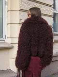 GETADME Retro Burgundy Tassels  Faux Fur Long Sleeves Short Coat Elegant Loose Turn-down Collar Jacket 2025 New Woman High Street Coats