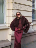 GETADME Retro Burgundy Tassels  Faux Fur Long Sleeves Short Coat Elegant Loose Turn-down Collar Jacket 2025 New Woman High Street Coats
