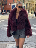 GETADME Retro Burgundy Tassels  Faux Fur Long Sleeves Short Coat Elegant Loose Turn-down Collar Jacket 2025 New Woman High Street Coats
