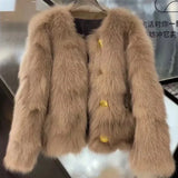 GETADME Retro Faux Fur Coat Short Womens Casual Loose Single-Breasted Plush Coat Femlae Winter Jacket Elegant Warm Thicken Outwear