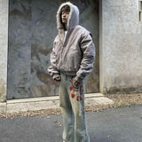 GETADME Retro Fur Collar And Velvet Padded Warm Work Coat For Men And Women Y2K New Harajuku Gothic Casual Joker Coat For Street Wear