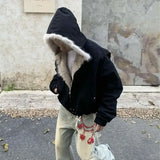 GETADME Retro Fur Collar And Velvet Padded Warm Work Coat For Men And Women Y2K New Harajuku Gothic Casual Joker Coat For Street Wear