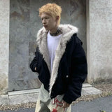 GETADME Retro Fur Collar And Velvet Padded Warm Work Coat For Men And Women Y2K New Harajuku Gothic Casual Joker Coat For Street Wear