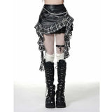 GETADME Retro Harajuku Gothic Style Leather Splicing Short Skirt for Women Y2K Lace Hem Mini Pleated Skirt Autumn Street Cool Girl