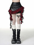GETADME Retro Harajuku Gothic Style Leather Splicing Short Skirt for Women Y2K Lace Hem Mini Pleated Skirt Autumn Street Cool Girl
