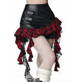 GETADME Retro Harajuku Gothic Style Leather Splicing Short Skirt for Women Y2K Lace Hem Mini Pleated Skirt Autumn Street Cool Girl