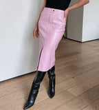 Jupe fendue en cuir rétro GETADME, style bureau, mate, taille haute, fermeture éclair, jupe midi, coupe ajustée, automne-hiver, streetwear