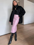 Jupe fendue en cuir rétro GETADME, style bureau, mate, taille haute, fermeture éclair, jupe midi, coupe ajustée, automne-hiver, streetwear