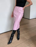 Jupe fendue en cuir rétro GETADME, style bureau, mate, taille haute, fermeture éclair, jupe midi, coupe ajustée, automne-hiver, streetwear