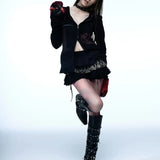 GETADME 레트로 오리지널 펑크 힙합 록 밴드 레드 블랙 Y2K 스파이시 걸 헤비웨이트 슬림핏 후드 더블 지퍼 카디건 스웨트셔츠