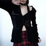 GETADME 레트로 오리지널 펑크 힙합 록 밴드 레드 블랙 Y2K 스파이시 걸 헤비웨이트 슬림핏 후드 더블 지퍼 카디건 스웨트셔츠