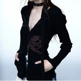 GETADME 레트로 오리지널 펑크 힙합 록 밴드 레드 블랙 Y2K 스파이시 걸 헤비웨이트 슬림핏 후드 더블 지퍼 카디건 스웨트셔츠