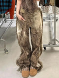 GETADME Retro Washed Velvet Stitching Leopard Print Jeans Women's American Streetwear Hip-hop Loose Straight 2025 New Y2K Wide Leg Pants