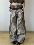 GETADME Retro Washed Velvet Stitching Leopard Print Jeans Women's American Streetwear Hip-hop Loose Straight 2025 New Y2K Wide Leg Pants
