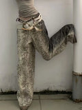GETADME Retro Washed Velvet Stitching Leopard Print Jeans Women's American Streetwear Hip-hop Loose Straight 2025 New Y2K Wide Leg Pants