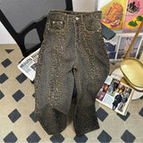 GETADME Retro Washed Velvet Stitching Leopard Print Jeans Women's American Streetwear Hip-hop Loose Straight 2025 New Y2K Wide Leg Pants