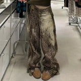 GETADME Retro Washed Velvet Stitching Leopard Print Jeans Women's American Streetwear Hip-hop Loose Straight 2025 New Y2K Wide Leg Pants