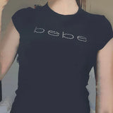 GETADME Rhinestone Letter 2000s Print Women Slim Crop Top Gothic Cute Baby Tee Vintage Grunge T-Shirt Y2k Clothes Summer Top Streetwear