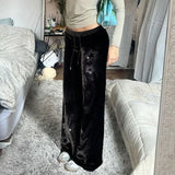 GETADME Rhinestones Star Velvet Flared Pants Y2K Aesthetic High Waist Baggy Sweatpants Jogging Casual Basic Boot Cut Trousers