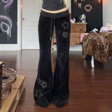 GETADME Rhinestones Star Velvet Flared Pants Y2K Aesthetic High Waist Baggy Sweatpants Jogging Casual Basic Boot Cut Trousers