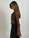 GETADME Rockmoer Leopard Print Mesh Shirts Sexy See Through Ruffled Long Sleeve Tie Front Women's Cardigan Tops Y2K Retro Slim Blouses