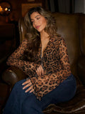 GETADME Rockmoer Leopard Print Mesh Shirts Sexy See Through Ruffled Long Sleeve Tie Front Women's Cardigan Tops Y2K Retro Slim Blouses