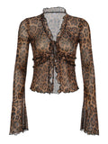 GETADME Rockmoer Leopard Print Mesh Shirts Sexy See Through Ruffled Long Sleeve Tie Front Women's Cardigan Tops Y2K Retro Slim Blouses