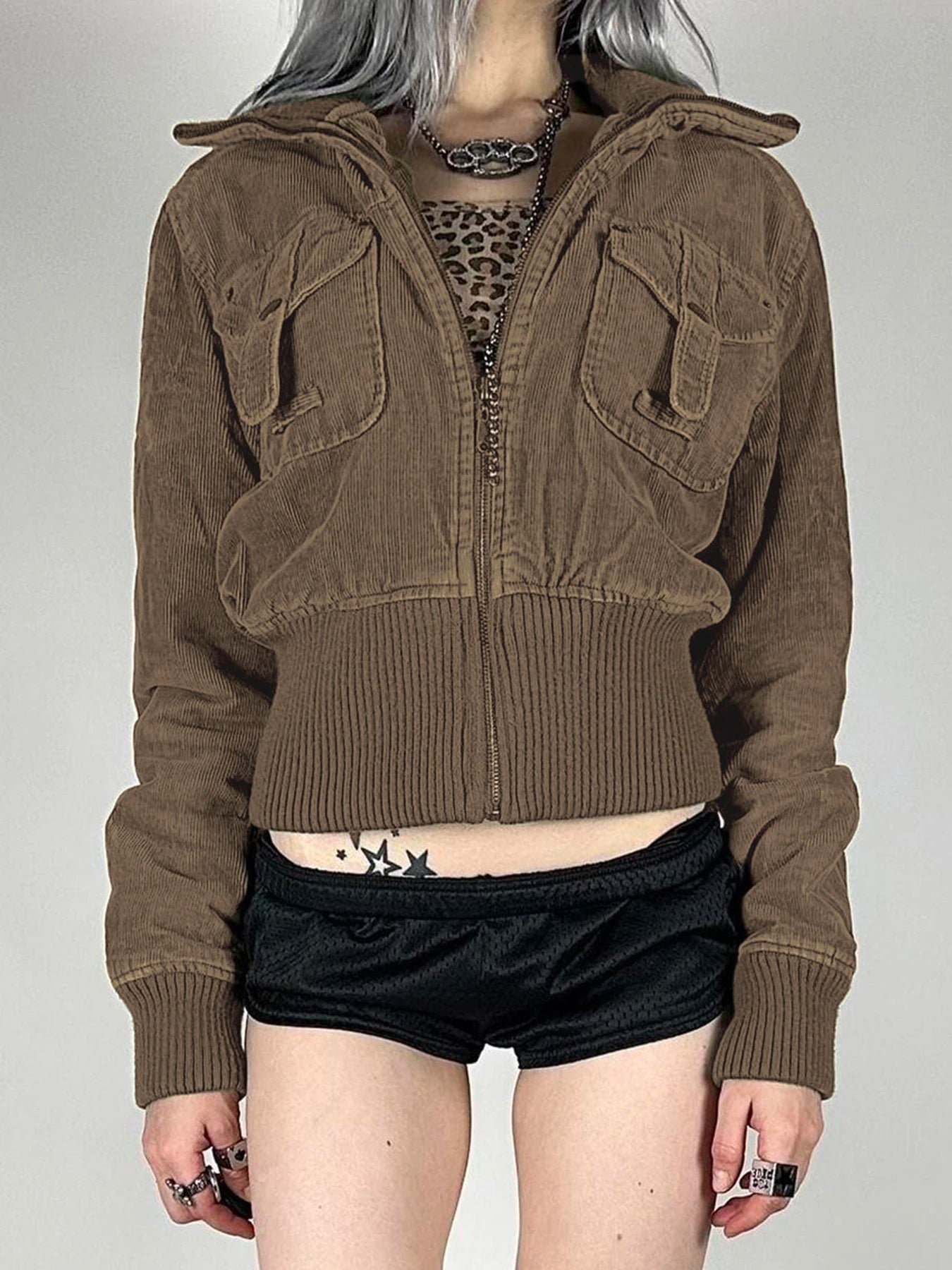 GETADME Rockmore Corduroy Cropped Jacket Y2K Vintage Women'S Sweatshirt Autumn Casual Long Sleeve Turn-down collar Zip Up Coats Female