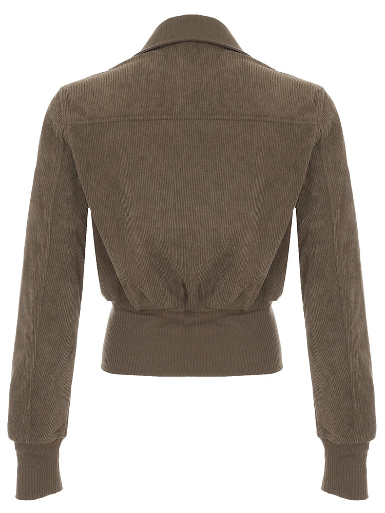 GETADME Rockmore Corduroy Cropped Jacket Y2K Vintage Women'S Sweatshirt Autumn Casual Long Sleeve Turn-down collar Zip Up Coats Female