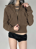 GETADME Rockmore Corduroy Cropped Jacket Y2K Vintage Women'S Sweatshirt Autumn Casual Long Sleeve Turn-down collar Zip Up Coats Female