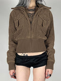GETADME Rockmore Corduroy Cropped Jacket Y2K Vintage Women'S Sweatshirt Autumn Casual Long Sleeve Turn-down collar Zip Up Coats Female
