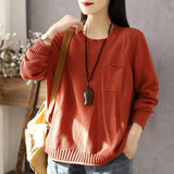 GETADME Round Neck Pockets Women's Clothing Long Sleeve Autumn Winter Sweater Knitted Pullover Office Lady Solid Color Vintage Tops