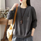 GETADME Round Neck Pockets Women's Clothing Long Sleeve Autumn Winter Sweater Knitted Pullover Office Lady Solid Color Vintage Tops
