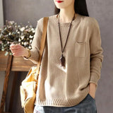 GETADME Round Neck Pockets Women's Clothing Long Sleeve Autumn Winter Sweater Knitted Pullover Office Lady Solid Color Vintage Tops