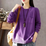 GETADME Round Neck Pockets Women's Clothing Long Sleeve Autumn Winter Sweater Knitted Pullover Office Lady Solid Color Vintage Tops