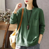 GETADME Round Neck Pockets Women's Clothing Long Sleeve Autumn Winter Sweater Knitted Pullover Office Lady Solid Color Vintage Tops