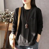 GETADME Round Neck Pockets Women's Clothing Long Sleeve Autumn Winter Sweater Knitted Pullover Office Lady Solid Color Vintage Tops