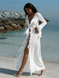GETADME Ruffles Cardigan Women's Chic V Neck Long Sleeve Lace Up Beach Dress Summer 2025 Fashion Lady Vacation Cover Up A3087