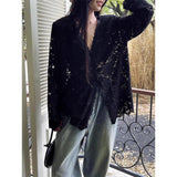 GETADME Y2K 레이스 시스루 블랙 셔츠 여성 스트리트웨어 섹시 할로우 아웃 화이트 블라우스 한국적 감성의 긴팔 시크 자외선 차단 탑 