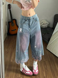 GETADME Women High Waist Cute Cartoon Cat Embroidery Jeans Girls Vintage Y2k Clothes Calf Length Denim Pants Harajuku Blue Streetwear